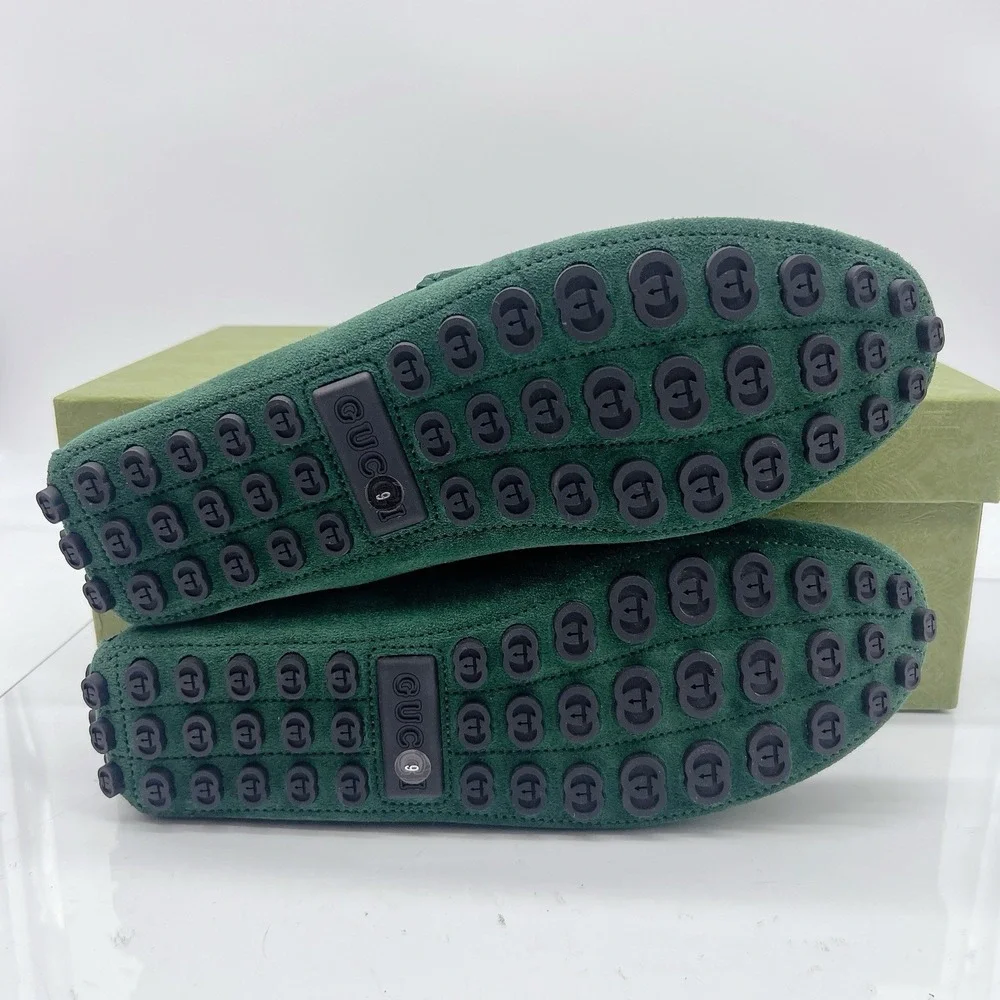 Gucci Men's Driver Loafers Moccasin GG Horsebit Vintage Green Suede UK 9 US 9.5
